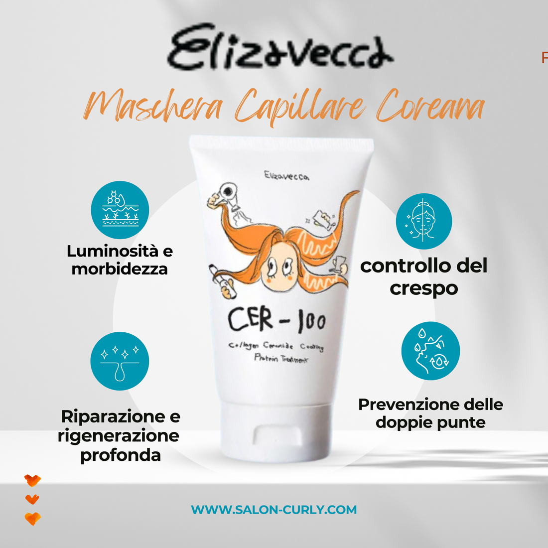 Elizavecca Cer-100 – Maschera Capillare Coreana rivitalizzante con collagene e ceramidi .